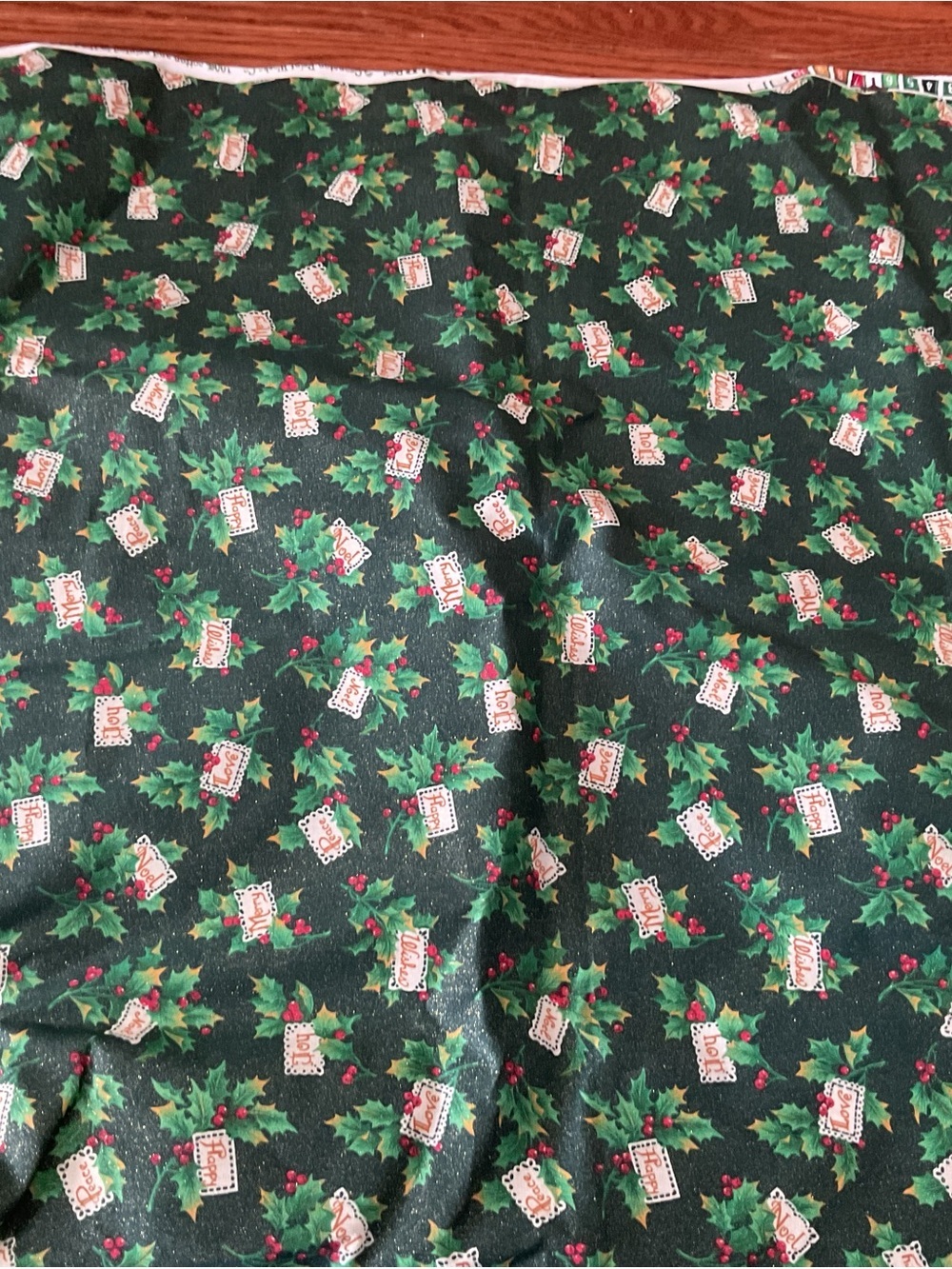 Christmas Holly Print Fabric Square in Dark Green - 58” by 44” - new